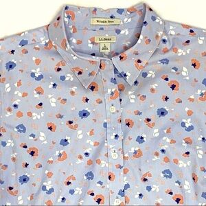 LL Bean Blue Floral Blouse Large Wrinkle Free Cotton Pinpoint Oxford Size L